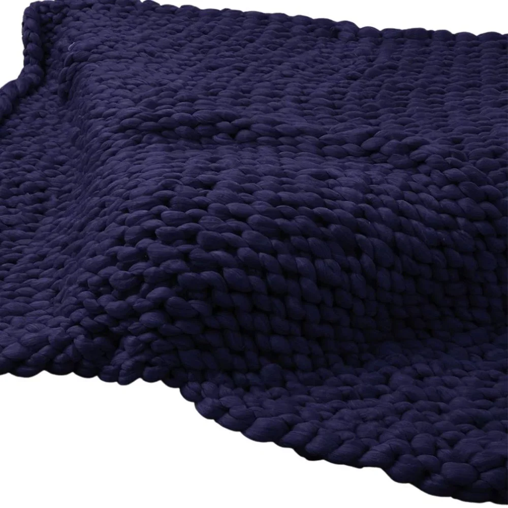 HAND KNITTED Jumbo Chunky Soft Throw Blanket Navy Worsted Yarn - Picture 4 of 9